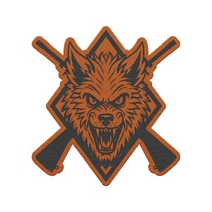 May include: A patch featuring a stylized orange and dark gray wolf head with an open mouth and bared teeth, centered over a diamond shape and two crossed rifles. The design uses a bold, graphic illustration style with sharp lines and high contrast.