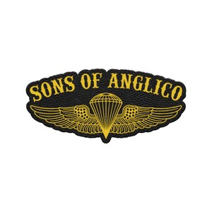 May include: Black and yellow patch with the text "SONS OF ANGLICO" in yellow, arched across the top. Below the text is a yellow parachute design with wings. The patch has a textured appearance.