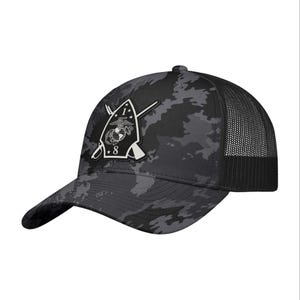 May include: A black and gray camouflage baseball cap with a mesh back. The cap features a white patch with a military emblem, including a globe, eagle, and anchor, and the number "8".