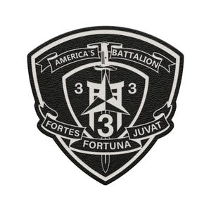 May include: A black and white patch with the text "AMERICA'S BATTALION" and "FORTES FORTUNA JUVAT". The patch features a sword, the number "3", and a star design. The patch has a textured appearance.
