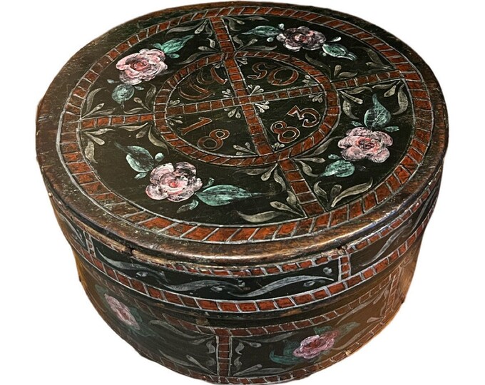 Dated 1883 antique Tine box from Norway, detailed decorated pattern, Norwegian folk art, country / farmhouse style, RUSTIC antique
