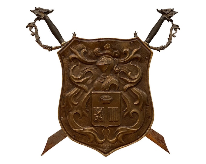 18/1900s bronze Shield with Cross Swords Wall Hanging