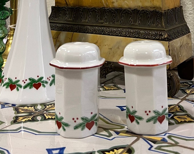 2SOLD Rare Porsgrund 'Hearts & Pines' Norwegian design Salt and Pepper Shakers, Vintage Norway/Scandinavian design Christmas table serving