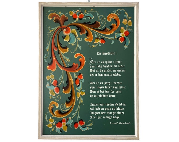 Dated 1974 Norwegian rosemaling wall decor/hanging of "En hustavle"by Arnulf Øverland, Scandinavian folkart/folk art farmhouse cabin