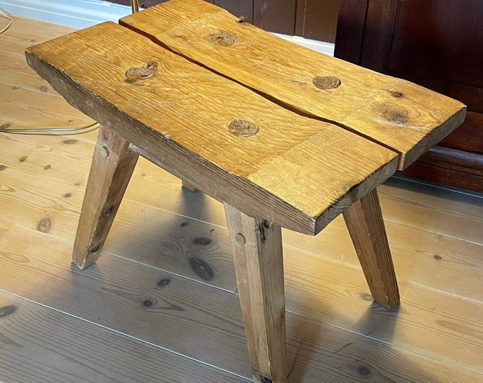 Vintage Norwegian handcrafted stool, Scandinavian folkart, Unique, Pinewood, Nature wood, Rustic farmhouse style