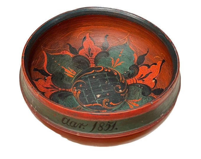 Dated 1851 Norwegian Rosemaling Ale/beer bowl with original rosemaling, Scandinavian folkart folk art, Farm House style, Collectible