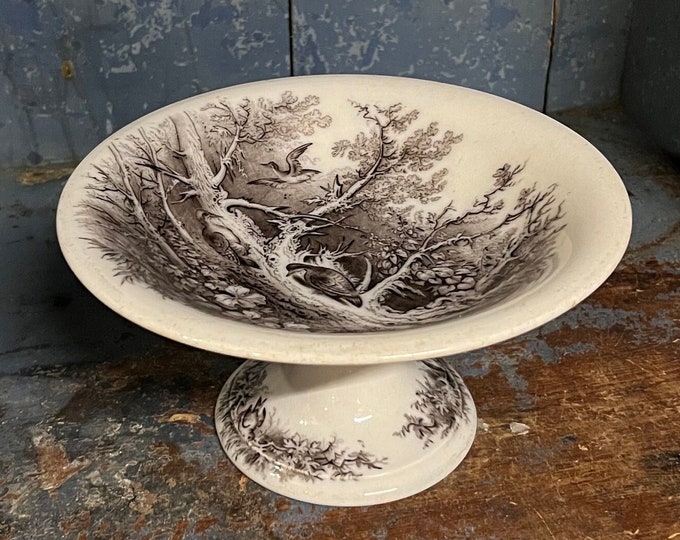 1800s Antique French Sarreguemines SYLVA U&C IE cake / snacks stand in faience / stoneware, detailed decorated birds motif