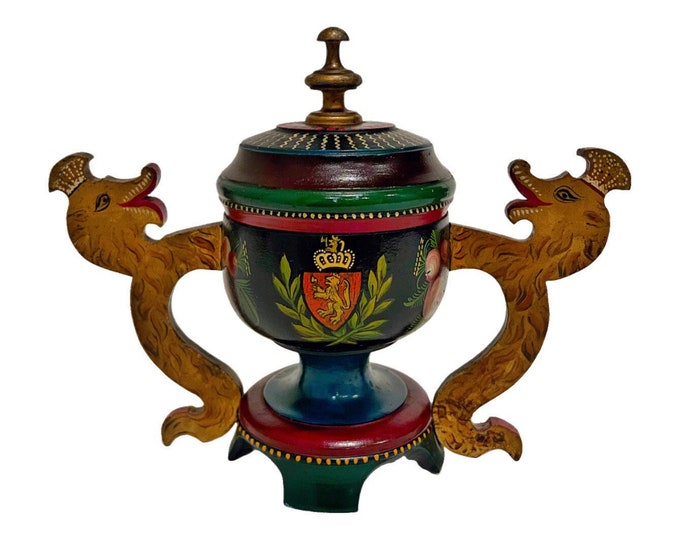 1914 Norway's Jubilee Exhibition -A perler of Norwegian history, Antique rosemaling wooden trophy with lion handle, coat of arms of Norway