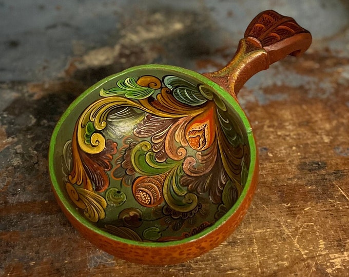 1800s Norwegian antique rosemaling beer ladle / pitcher, Ale/beer bowl, handcrafted/handcarved wooden Spoon/Ladle with original rosemaling