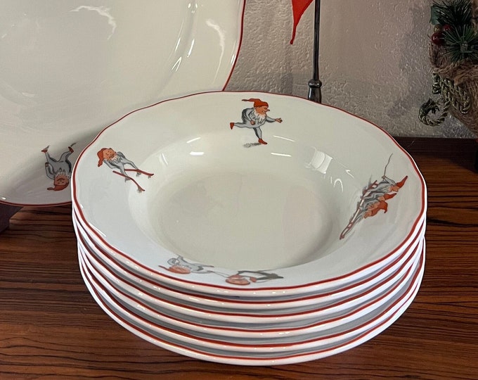 1990s Vintage Nisse  Soup Plate / bowl Norwegian Porsgrund design nisse motifs with red rim, Scandinavian design Christmas table serving