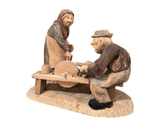 Bjarne Walle (1911-89) "Elderly Couple Sharpening An Ax", artist signed LARGE Norwegian handcrafted sculpture, Scandinavian wood carving