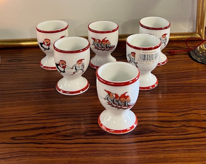 3 SOLD, Vintage Nisse EGG CUP/ holder Norwegian Porsgrund design nisse motifs with red rim, Scandinavian design Christmas table serving