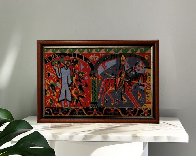 Vintage 1998 "The Baldishol Tapestry"  Norwegian hand embroidered wall hanging/tapestry picture with wooden frame, Norway folk art farmhouse