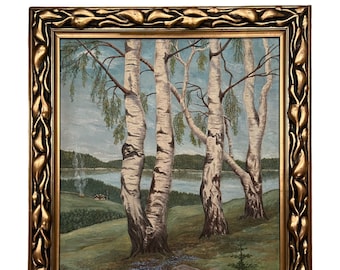 Dated 1927 Oil painting "Norwegian Birch Trees in Early Spring" by Alfred Næss, cabin with Norwegian flag, oil on canvas.