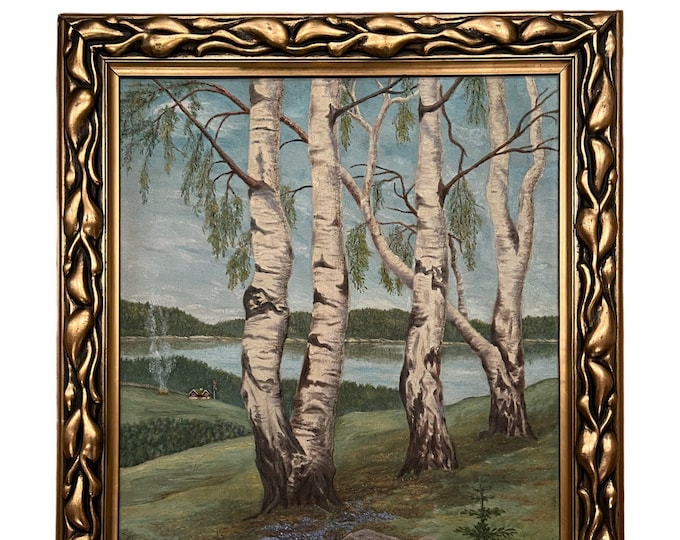 Dated 1927 Oil painting "Norwegian Birch Trees in Early Spring" by Alfred Næss, cabin with Norwegian flag, oil on canvas.