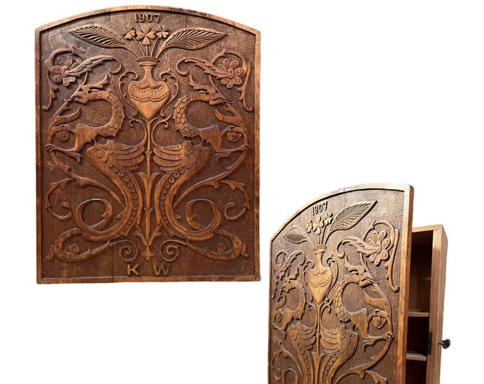 Dated 1907 Norwegian hand carved hanging cabinet with deeply carved pattern, Scandinavian Antique folkart Norwegian folk art