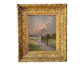 Dated 1885 Norwegian Oil painting "Hometown River 1885" by Halfdan Gleditsch (1855-1922), Norwegian/Scandinavian national romance art