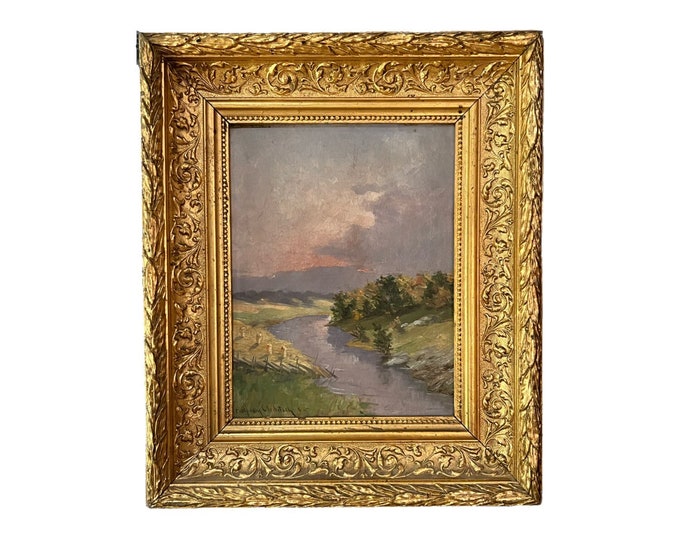 Dated 1885 Norwegian Oil painting "Hometown River 1885" by Halfdan Gleditsch (1855-1922), Norwegian/Scandinavian national romance art