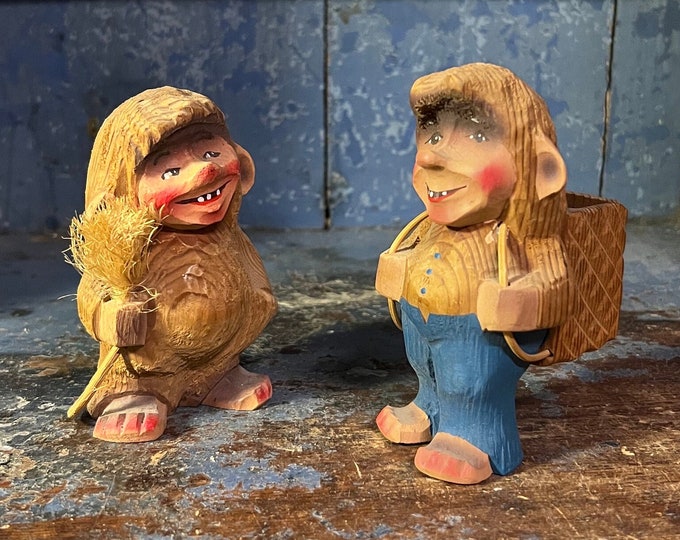 Unique handcrafted TROLL figurine / sculpture, Pair of RARE Norwegian/Scandinavian folk art sculpture, wood carving from Toten, Collectible