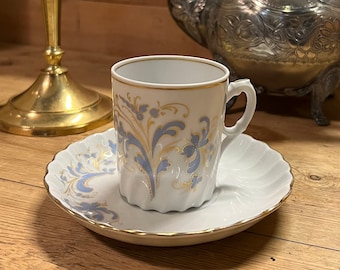 1980s' Porsgrund Porcelain Rosemaling pattern coffee mug and saucer, Bogstad modell with Seljord Pattern, Norwegian design