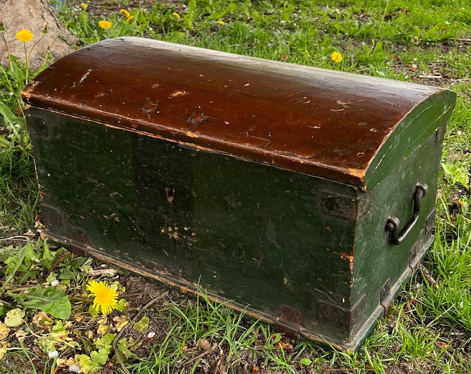 1800s Antique Norwegian Chest, treasure chest box,pinewood storage trunk with iron handles, RUSTIC farmhouse style