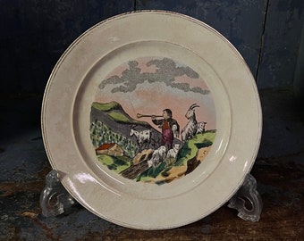 1800s Antique Egersund Norway wall hanging plate / kitchen decor "Goat Herding in Norway" ceramic/stoneware/faience, collectible, primitive