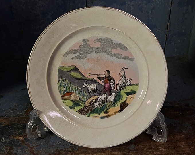 1800s Antique Egersund Norway wall hanging plate / kitchen decor "Goat Herding in Norway" ceramic/stoneware/faience, collectible, primitive