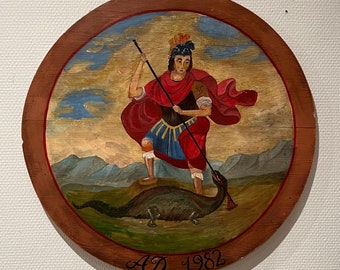 Norwegian Oil Painting "Saint George and the Dragon", Oil on wooden plate, Collectible, dated AD 1982