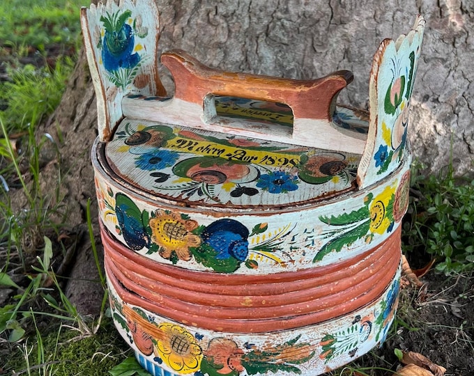 Dated 1898 RARE Museum quality-antique rosemaling groat / porridge amber / Tine box / butter bucket from Norway, RUSTIC folk art, PATINA