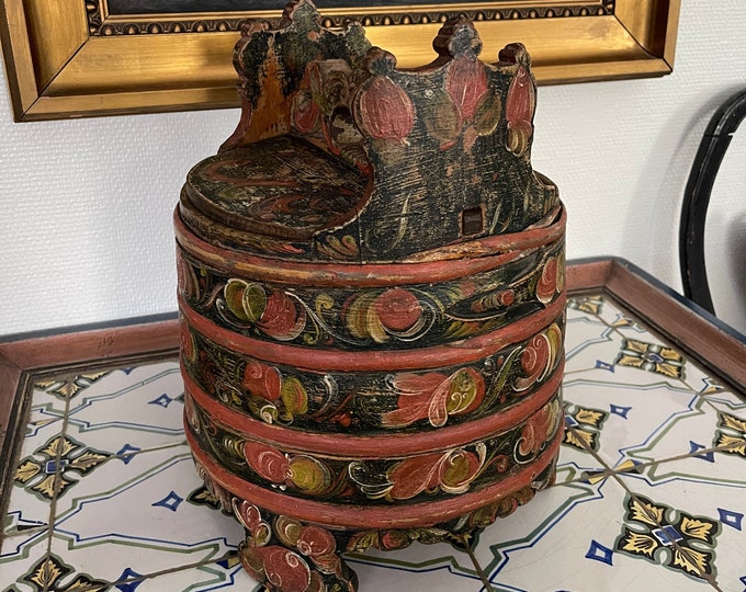 Dated 1850 Antique groat/porridge amber from Telemark, Norway with original rosemaling,detailed hand carved Norwegian folk art, Collectible