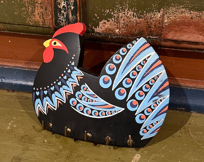 Vintage Norwegian/Scandinavian  Key Holder / Wall Hanger, handcrafted wooden Rooster with hand painted decor, Scandinavian home decor