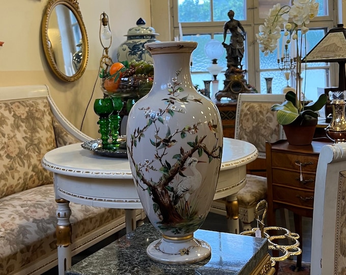 1800s Large BACCARAT Opaline glass vase with hand painted enamelled relief scene