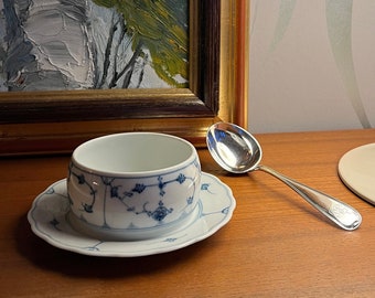 RARE 1910s' Antique Norwegian Porsgrund Porcelain Blue Fluted/Straw Pattern Sauce bowl / Gravy Boat with Solid SILVER sauce ladle dated 1912