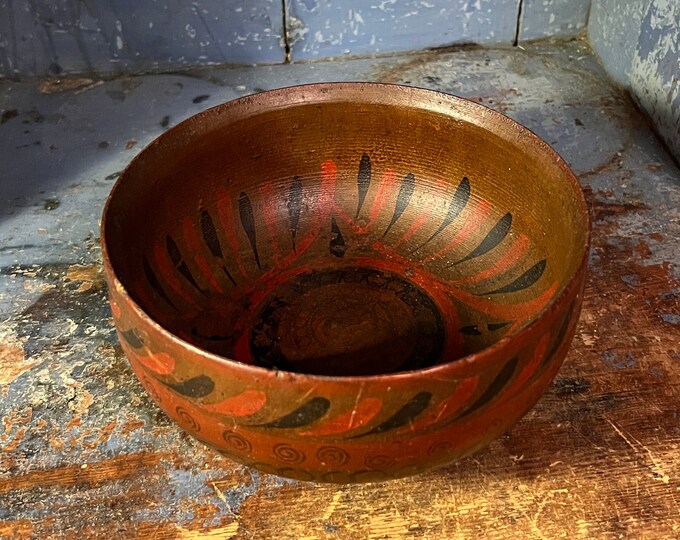 18/1900s antique beer / fruit bowl with stunning primitive painting, handcrafted, beautiful patina, RUSTIC cabin / farmhouse / country style