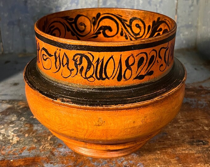 Dated 1822 Primitive antique Norwegian Rosemaling Ale/beer bowl with original painting, Museum quality, handcrafted, Collectible