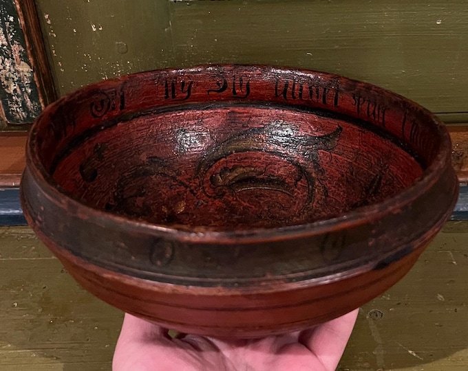 Dated 1832 Hans Glittenberg (1788-1873) Primitive antique Norwegian Rosemaling Ale/beer bowl with original painting, Museum quality