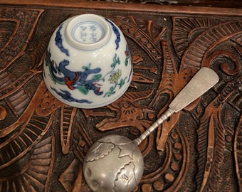 Antique/Vintage Chinese / Japanese handpainted porcelain salt bowl with solid silver salt spoon