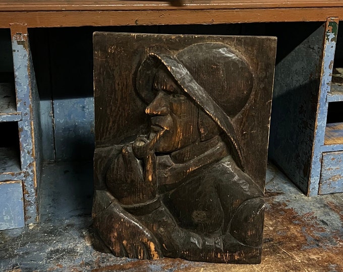 18/1900s Relief wood carving "fisherman" sculpture / wall hanging, antique wood carving from Norway.  Patina, Norwegian/ Scandinavian art