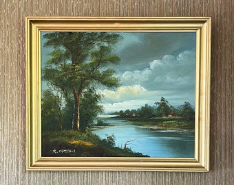 Stunning Oil Painting, 20th century Barbizon School landscape "Forest Stream and houses", Oil on canvas, Artist signed, vintage, centerpiece