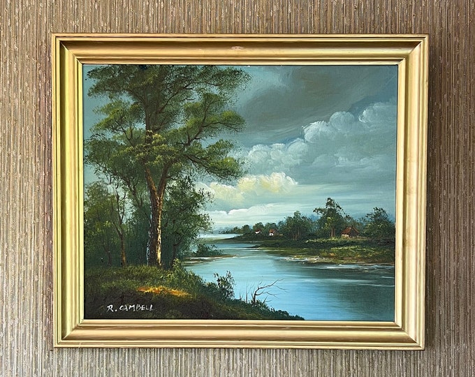 Stunning Oil Painting, 20th century Barbizon School landscape "Forest Stream and houses", Oil on canvas, Artist signed, vintage, centerpiece