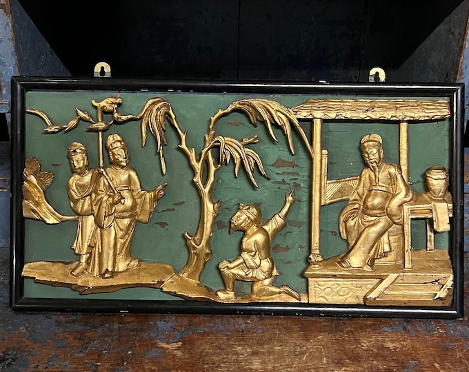 17/1800s Chinese Gold Gilt Hand Carved Relief Wall Plaque, detailed carved Asian sculpture