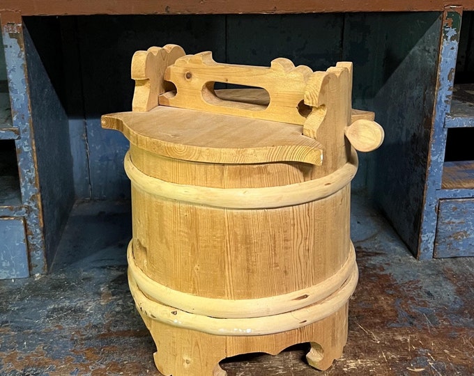 ca. 1980s Vintage Norwegian handcrafted butter bucket / amber, nature wood, folk art from Norway, Scandinavian country / farmhouse style