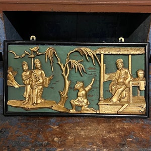17/1800s Chinese Gold Gilt Hand Carved Relief Wall Plaque, detailed carved Asian sculpture