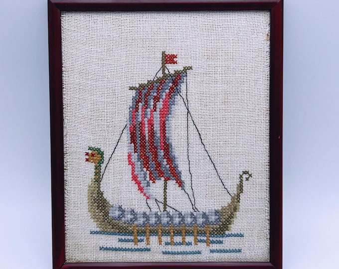 Vintage Norwegian hand embroidered wall hanging picture "Viking Dragon Ship"  with wooden and glass frame, folk art