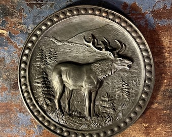 ca. 1970s Vintage Norwegian hanging plate, moose / elk motif, mid-century modern, cabin farmhouse style, Scandinavian / Norwegian folk art