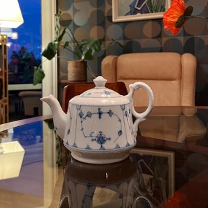 1910s Antique Norwegian Porsgrund Porcelain Blue Fluted Coffee / Tea pot / Teapot, handpainted underglazed decor, Scandinavian design