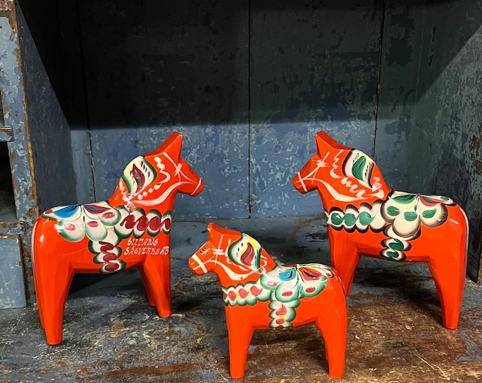 3 pc DALA horse Swedish/Scandinavian handcrafted and painted folk art. 1960s Vintage Dalarna horse