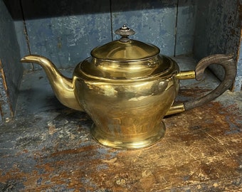 1800s Antique Coffee / Tea pot, Rustic brass / bronze Kettle with wooden handle,  Country style cabin Farmhouse Kitchen Decor table serving