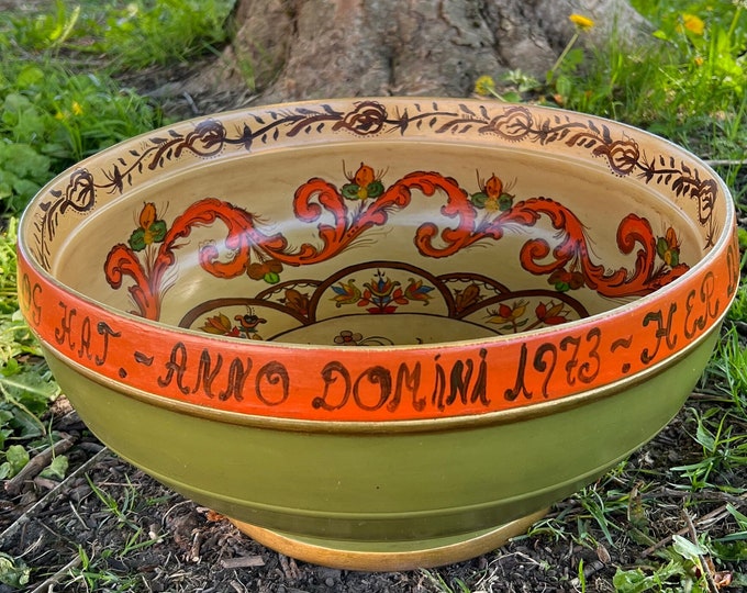 Dia. 44cm Rare Huge Telemark rosemaling beer bowl folkart folk art from Norway, Dated 1973, Collectible, Rare size.