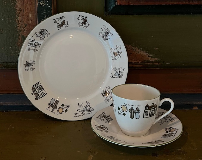 Vintage Norwegian Nordic pattern Trio Cup, Saucer & Plate breakfast/brunch set, Nordisk folk art, Porsgrund Norway Collectible